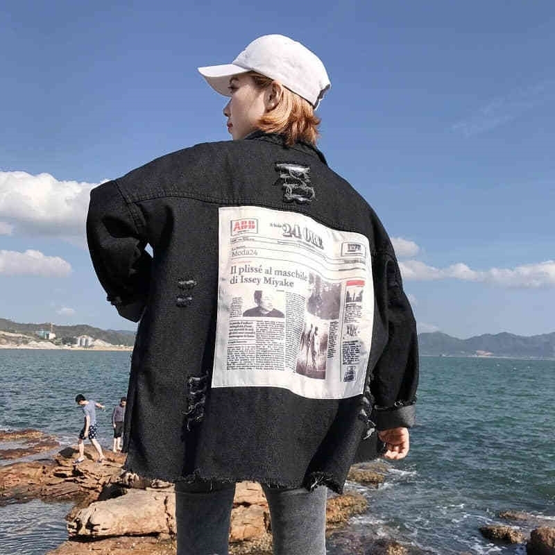 NiceMix Spring Denim Coat Women Long Sleeve Plus Size Printed Jean Jacket Hole Boyfriend Style Streetwear Jackets Overcoat T200113
