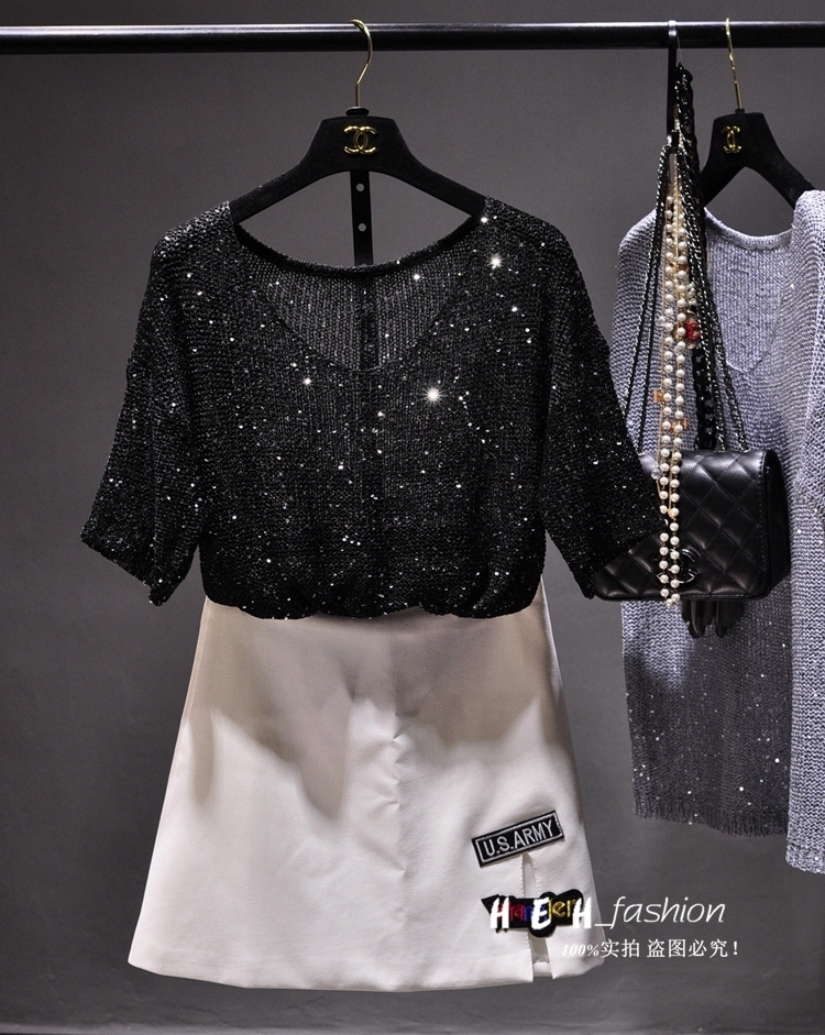 Cakucool Women Sequins knit shirt Short Sleeve Blouse O neck gold Lurex BasicTops Korean Loose Casual Blusa shirts Femme Khaki T190611