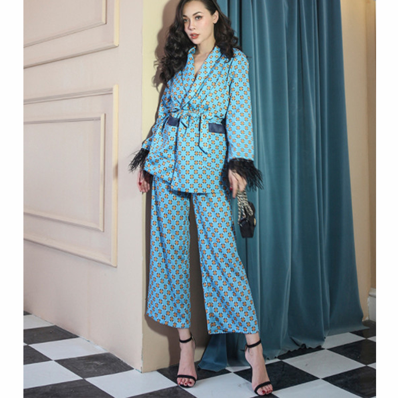 Women's suits 2019 New Arrival Blue Printed Kimono Jacket with Feather Sleeves Wide Leg pants twopiece Vintage Clothing Suits T200818