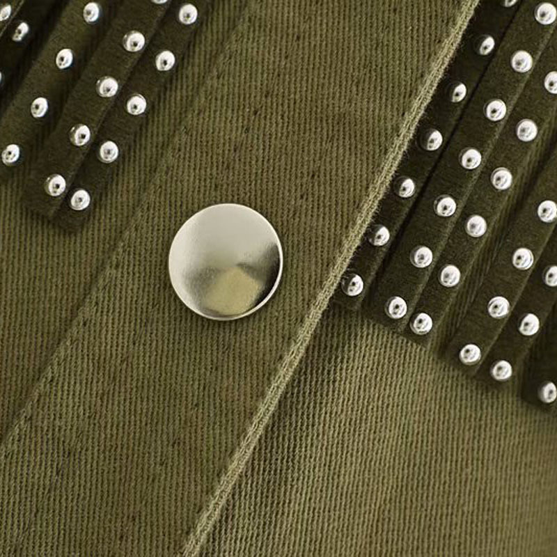 Army Green Lapel Stylish Oversized Beading Decorate Denim Women Jacket Tassel Long Sleeve Coat Female Outwear Loose Tops Black 201109