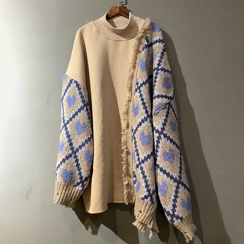 TWOTWINSTYLE Patchwork Knitted Tassel Sweatshirt For Women Turtleneck Long Sleeve Thick Lazy Casual Sweatshirts Female Fashion 201204