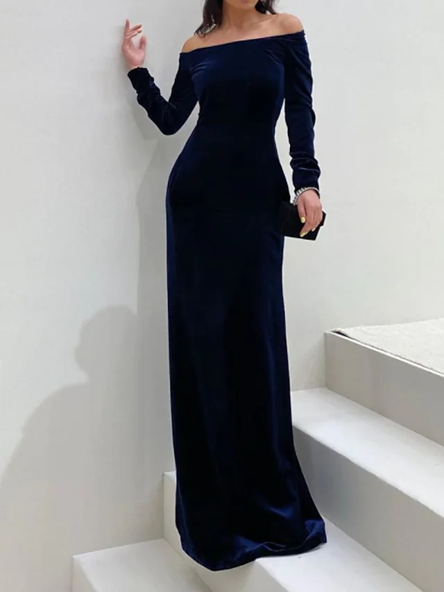 Dark Navy Engagement Prom Dress Off Shoulder Long Sleeve Floor Length Velvet Formal Party Gown New Vestidos Fiesta Robe De Soiree 2022