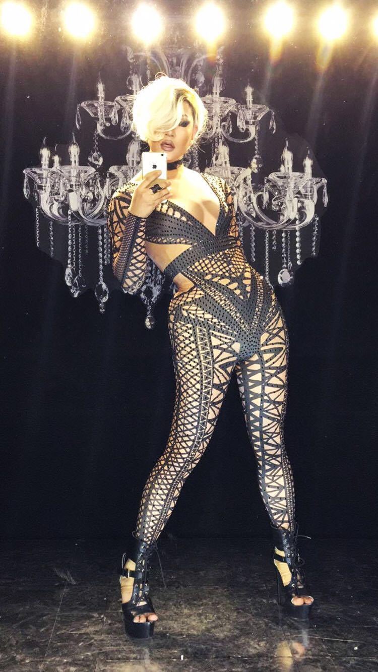 Women's Fashion Black Jumpsuit Costume One-piece Nightclub Dance Bandage Printed Outfit Party Stage Celebrate Wear T200303