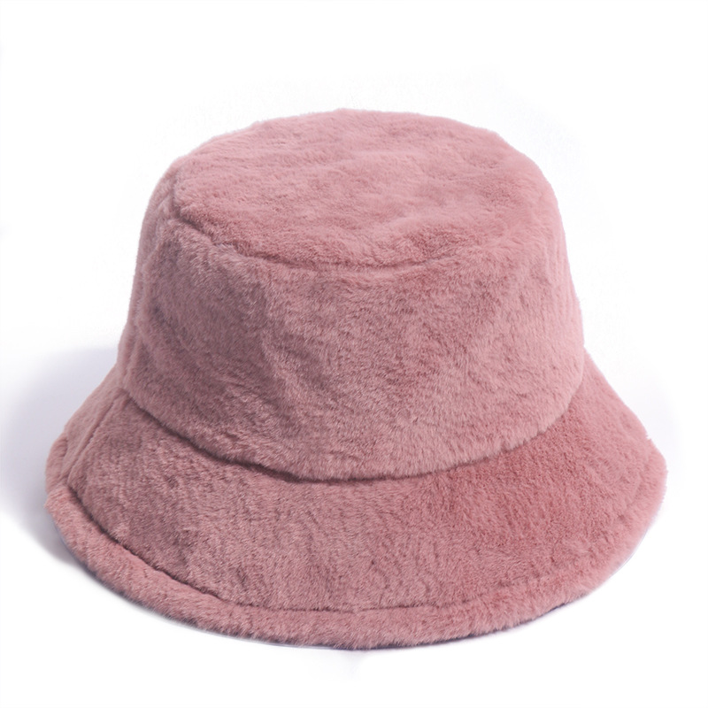 Winter Outdoor Vacation Lady Panama Black Solid Thickened Soft Warm Fishing Cap Faux Fur Rabbit Bucket Hat For Women