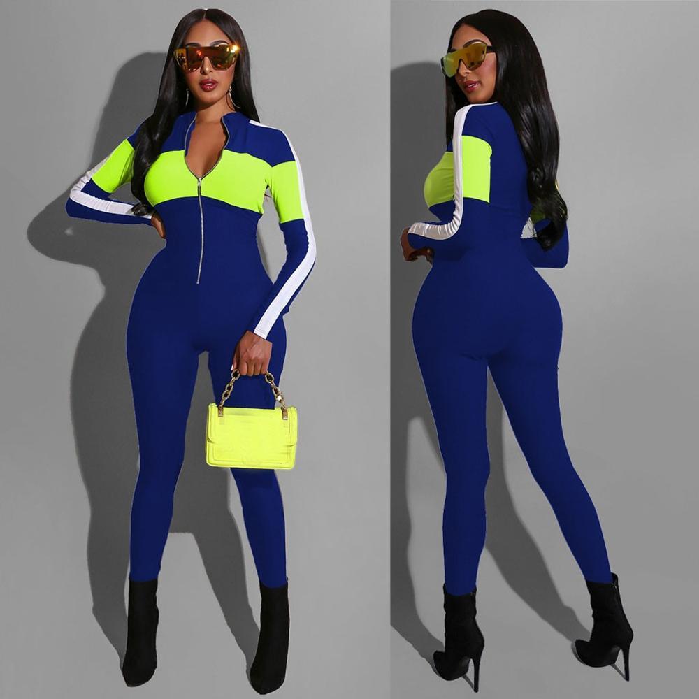 Sports Zipper Women Sexy One Piece Bodysuit Sports Deep V Colorblock Tight Long Sleeve Workout Gym suit Fitness Jumpsuit T200616