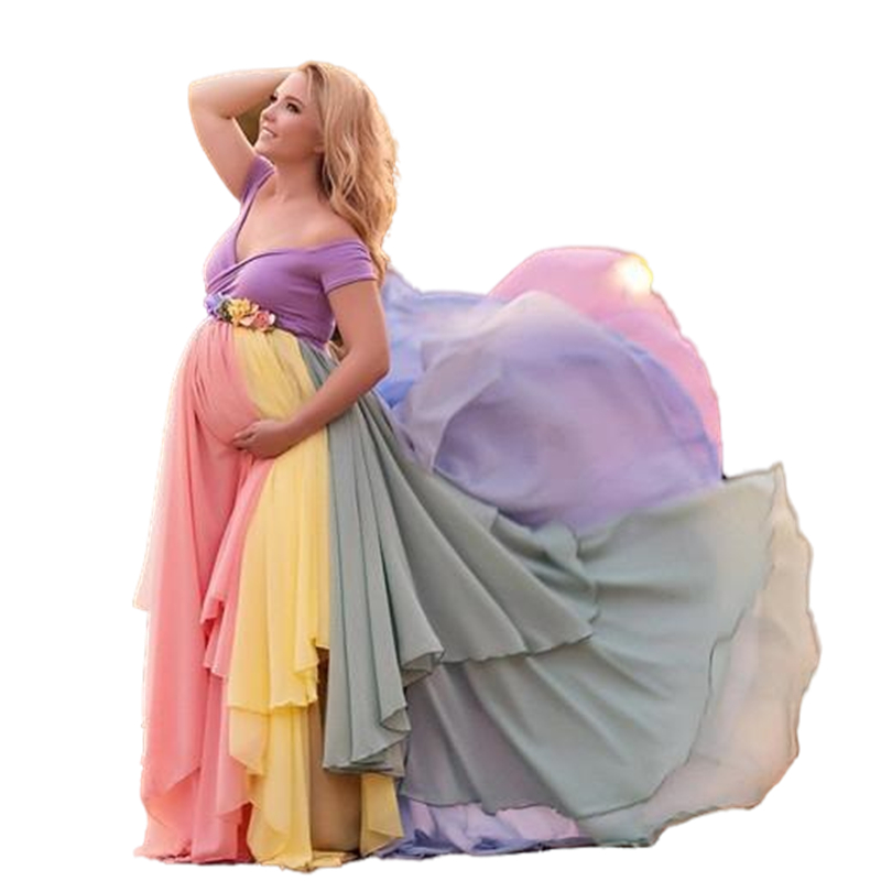Romantic Maternity Colorful Chiffon Evening Dresses Off The Shoulder V Neck Plus Size Prom Dress For Pregnant Woman Custom Made Celebrity Party Gowns