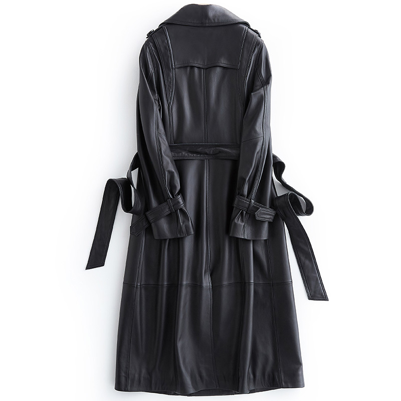 Lautaro Long black leather trench coat for women long sleeve belt lapel Women fashion spring plus size outerwear 7xl 210201