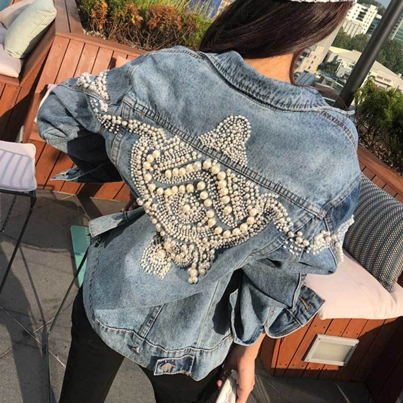 Pearls Embellished Denim Jacket for Women Light Blue Vintage Jacket Coat Bead Embroidery Autumn Winter Outwear 21114