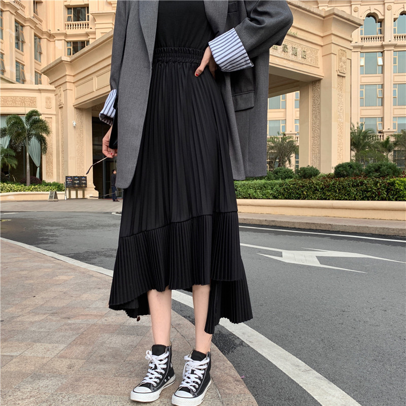 LANMREM Solid Color Elastic High Waist Stitching Ruffled Irregular Pleats Woman Skirt Simple Fashion Autumn New TV518 T200324