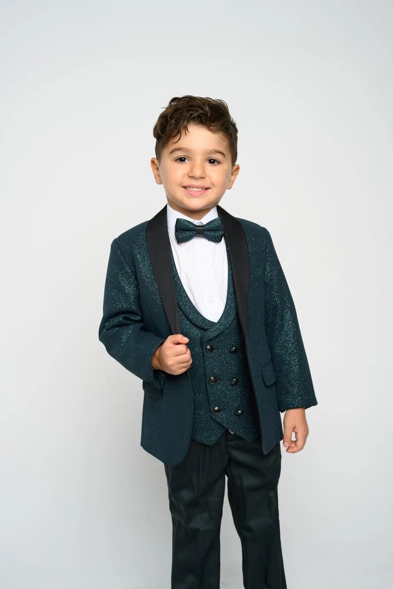 Dark Green Sequins Boy Formal Suits Wear Dinner Tuxedos Little Boys Kids For Wedding Party Evening Suit Birthday 3 Pieces
