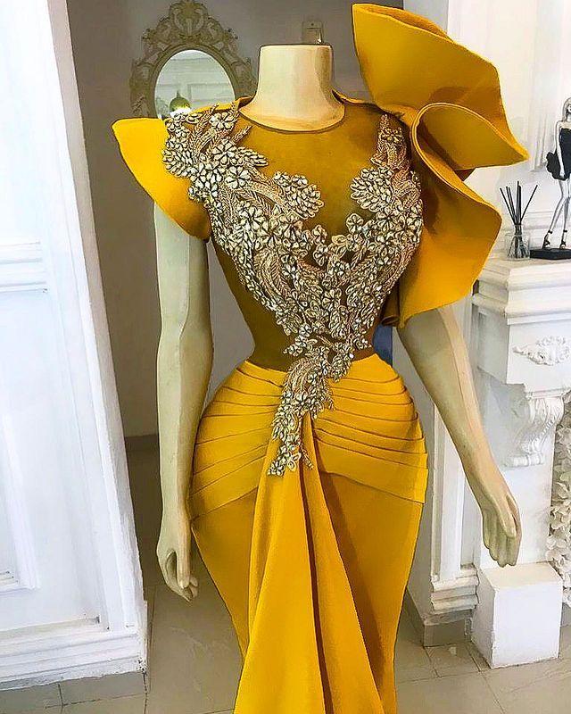 Plus Size Arabic Aso Ebi Yellow Mermaid Stylish Prom Dresses Lace Beaded Crystals Evening Formal Party Second Reception Bridesmaid Gowns Dress