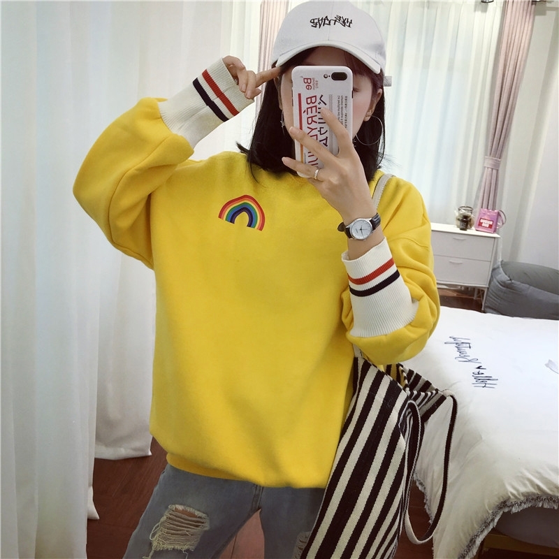 Woherb Korean Girls Kawaii Sweatshirt Rainbow Print Cute Hoodies Women Autumn Thin Harajuku Hoodie Crewneck Sweatshirts 201204