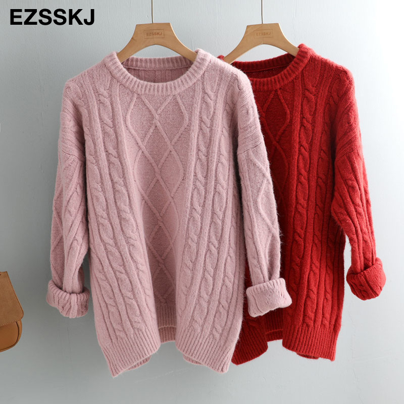 Autumn winter Mohair women's o-neck loose warm women's sweaters Twist women's jumper long sleeve thick sweater oversize female 201222