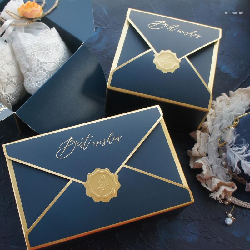 10pcs Gold Envelop Blue Best Wish Design Cookie Macaron Chocolate Paper Box Wedding Birthday Party Gifts Packaging Boxes1