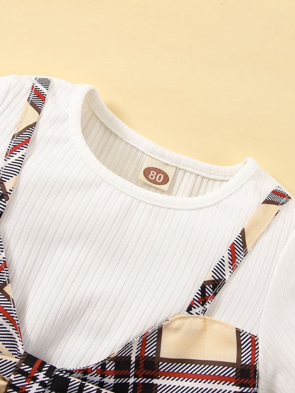 Baby Solid Tee & Plaid Print Cami Dress SHE