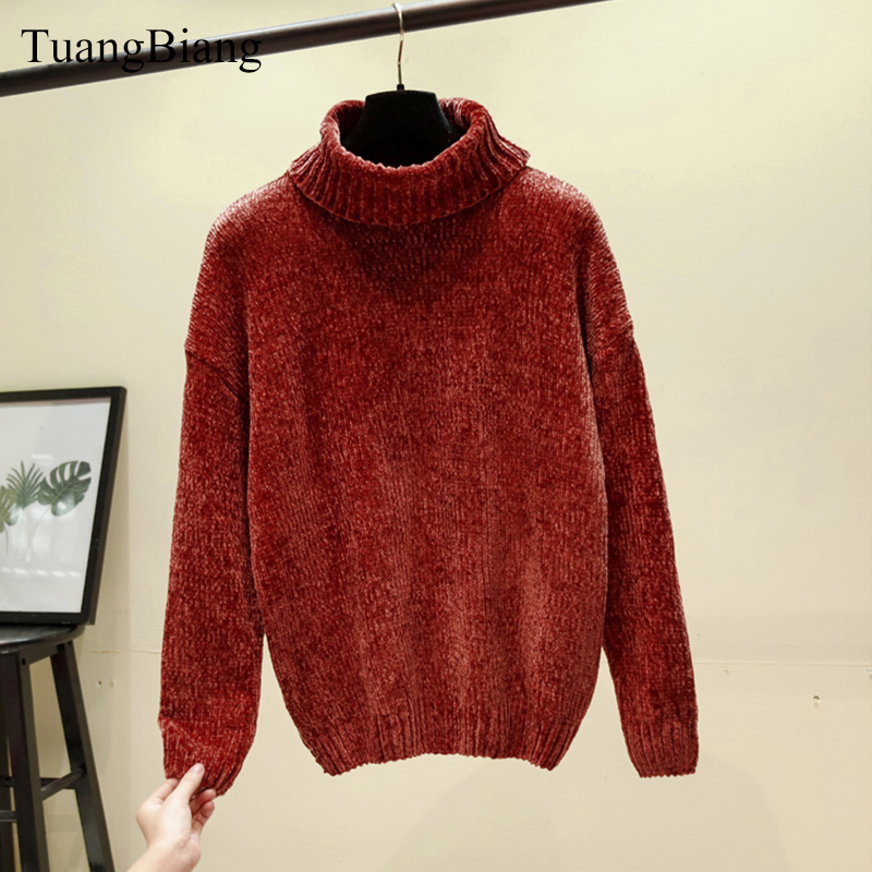 Chic Vintage Chenille Cashmere Womens Full sleeve Gold Velvet Sweaters Winter Ladies Solid Turtleneck Loose Female jumpers 201221