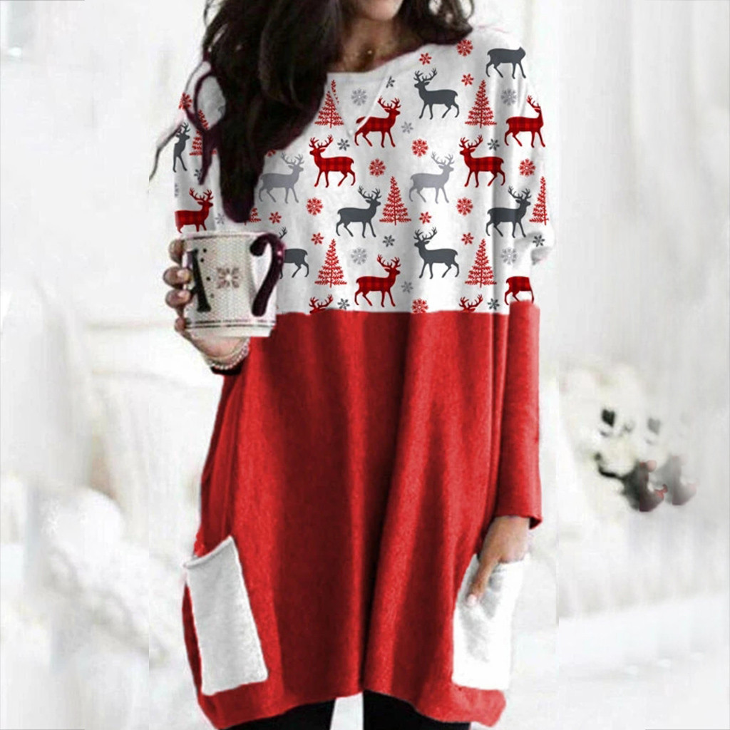40# Women Christmas Blouse Color Matching Print Long-Sleeved Sweatshirt Shirt Casual Plus Size Plaid Tops Pullover Ropa Mujer 201125