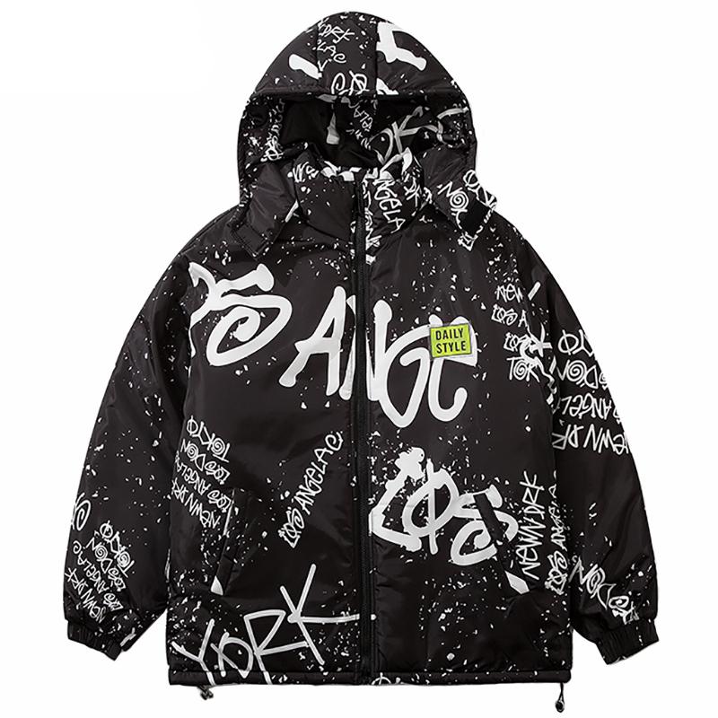 Mens Hip Hop Thick Padded Jackets Graffiti Letter Print Streetwear Harajuku 2020 Winter Warm Fashion Outwear Puffer Parka Coats, Black