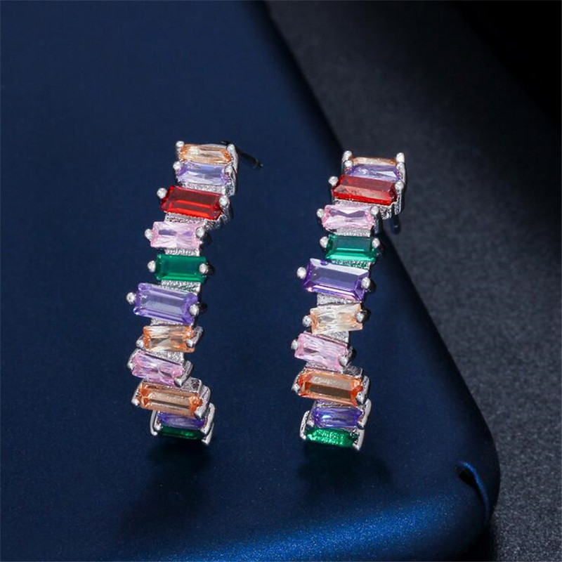 Top Sell Luxury Jewelry 18K White&Gold Fill T Princess Cut Multi Color Topaz CZ Diamond Popular Women Wedding Stud Earring For Lover Gift