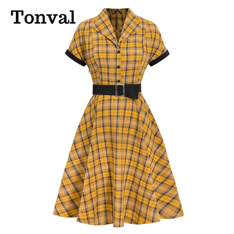 Tonval Turn-down Collar Yellow Plaid Women Vintage Style Rockabilly Dress Button Up High Waist Belted A Line Ladies Dresses
Tonval Turn-down Collar Yellow Plaid Women Vintage Style Rockabilly Dress Button Up High Waist Belted A Line Ladies Dresses