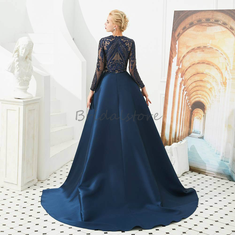 Chi Chi Red Green Mermaid Evening Dresses With Detachable Train O Neck Long Sleeve Sequined Prom Dresses Dubai Muslim Abaya Formal Gown 2021