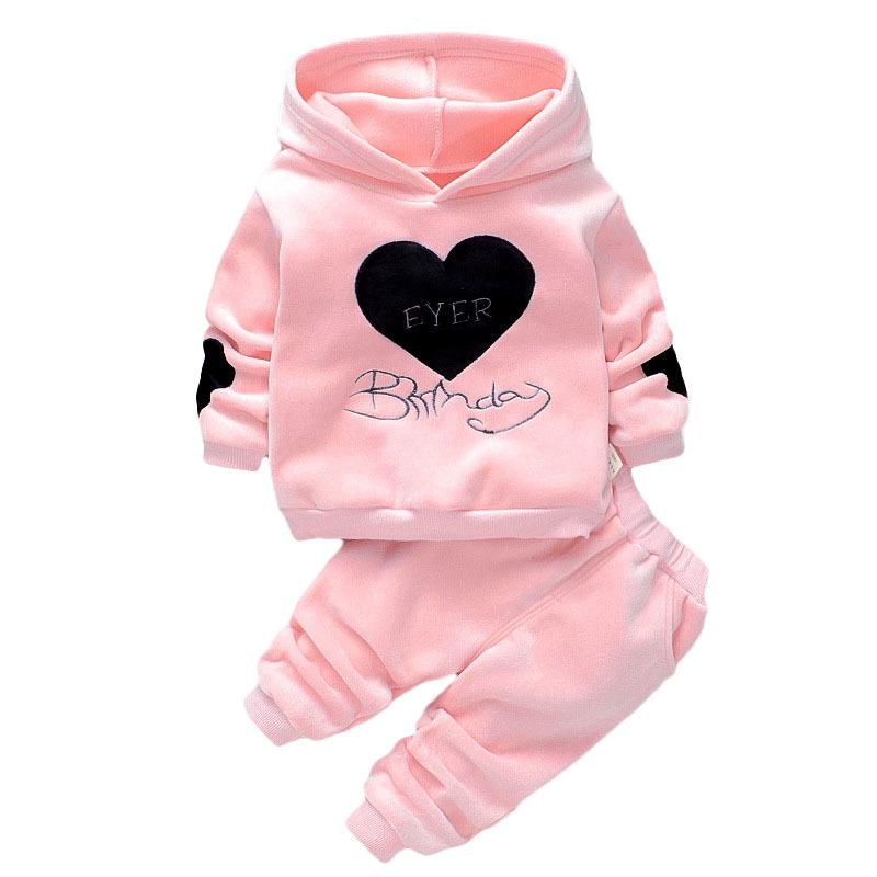 Spring Autumn Baby Girl Clothing Set Kids Tracksuit Plus velvet Hooded Printed T-shirt+Casual Pants 2PCS Children Clothes SuitX1019