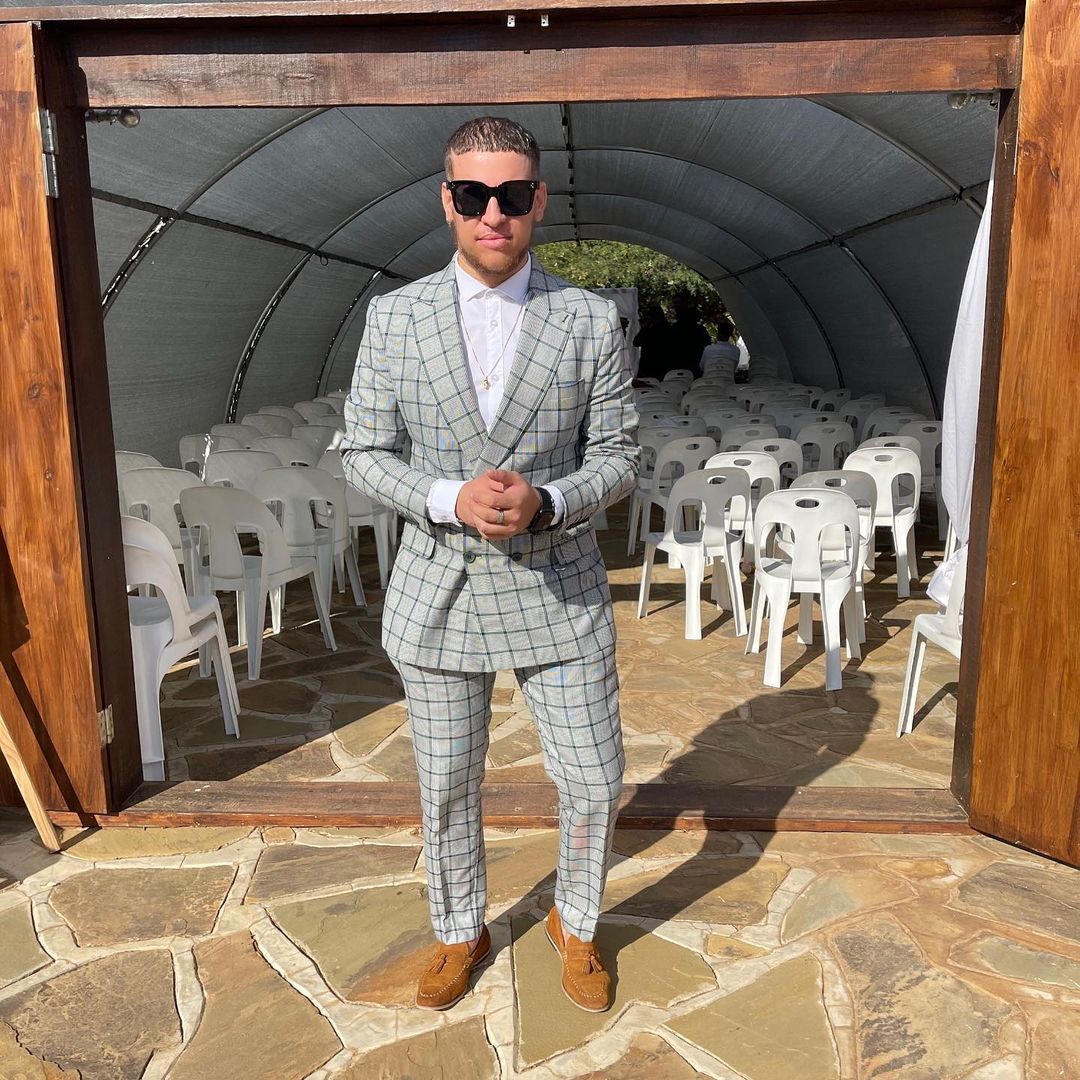 Gray Check Double Breasted Mens Pants Suits Plus Size Groom Best Man Coat Business Wedding Blazer (Jacket+Pants)