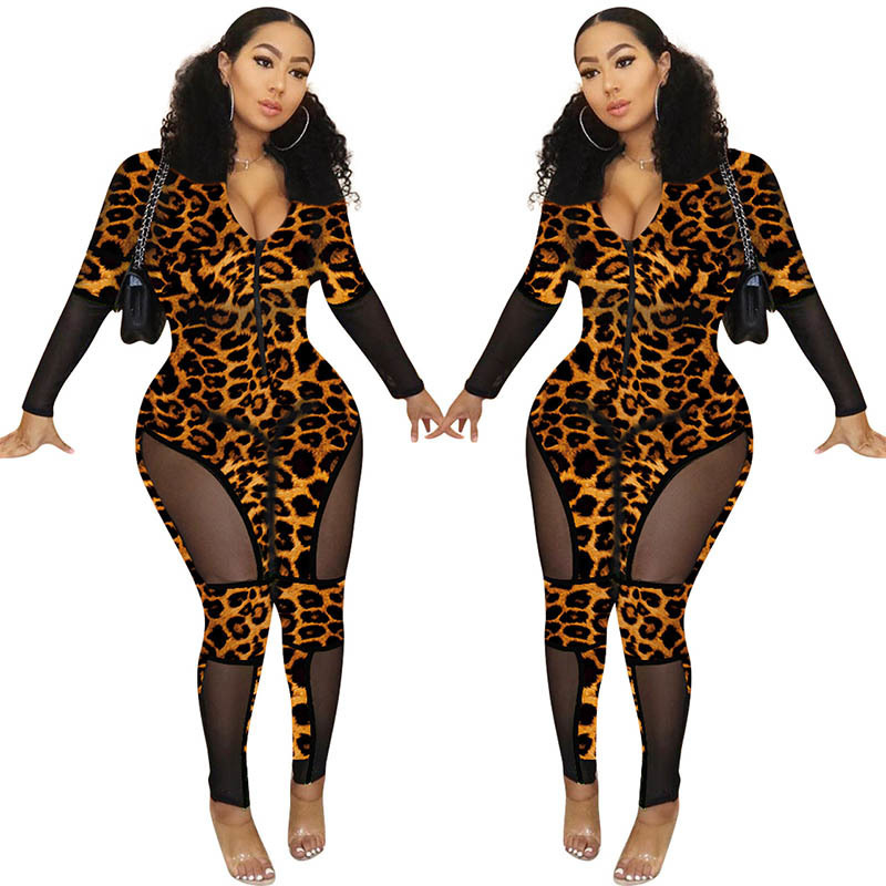 2020 Spring Sexy Jumpsuit Leopard Print See Through Playsuits Bodysuit Rompers Womens Jumpsuit Streetwear Party Night Clothes T200303