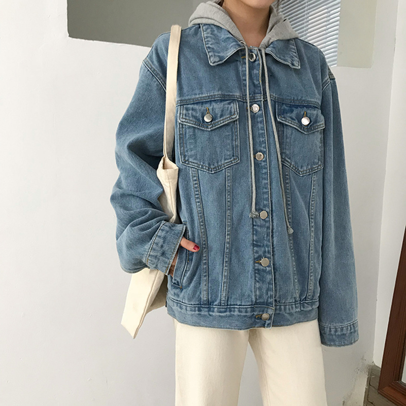 REALEFT Autumn Winter New Women's Denim Jacket Outerwear High Street Fashionable Korean Style Hooded Jeans Tops Female 201017