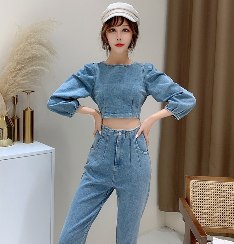 spring Sexy Denim Two Piece Set Women Fashion Round Neck 3/4 Sleeve Navel Top + High Waist Denim Pencil Pants 2 Piece sets 201119