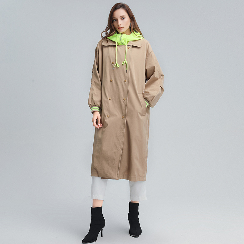 TWOTWINSTYLE Korean Patchwork Hit Color Trench For Women Lapel Long Sleeve Hoodies Casual Loose Windbreaker Female Fall New 201102