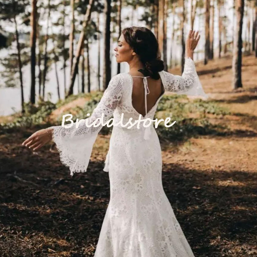 Unique Boho Lace Wedding Dress 2022 With Flare Sleeves Sexy V Neck Mermaid Bohemian Wedding Dresses Backless Crochet Hippie Country Bride Gowns For Af