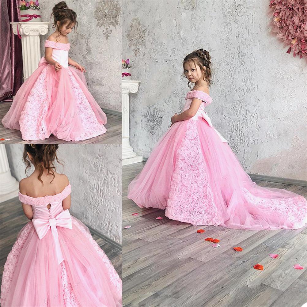 pink off shoulder pageant dresses with bow sash 3d flowers sweep train girls birthday party gowns