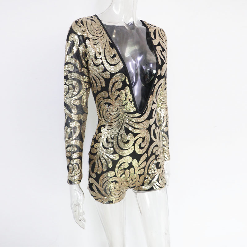 Beyprern Glitter Queen Glam Sequins Romper Womens Sexy Deep V Neck Sequins Short Jumpsuit Overalls Night Out Fitted Playsuits T200704