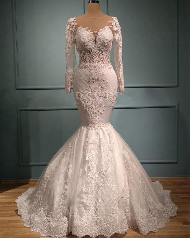 Luxury Lace applique Mermaid Wedding Dresses Sheer Long Sleeve Satin White Detachable Train African Wedding Bridal Gowns