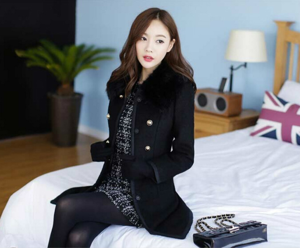 XUXI Autumn Winter Patchwork Women Woolen Long Wool Coat Slim Dames Jacket Fur Collar Cashmere Coat Jacket Female Overcoat FZ231 201031