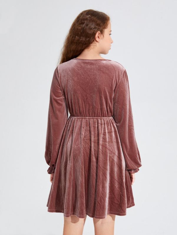 Teen Girls Surplice Neck Lantern Sleeve Tie Waist Velvet Dress SHE