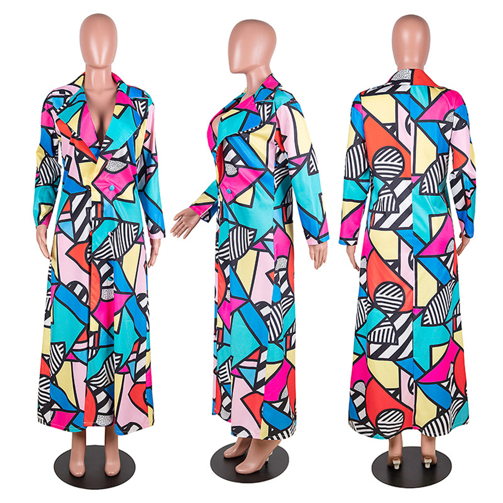 Tsuretobe Plaid Trench Coat For Women Fall Plus Size Clothing Elegant Long Coat Women Fashion Geometric Print Outwear Mujer 201102