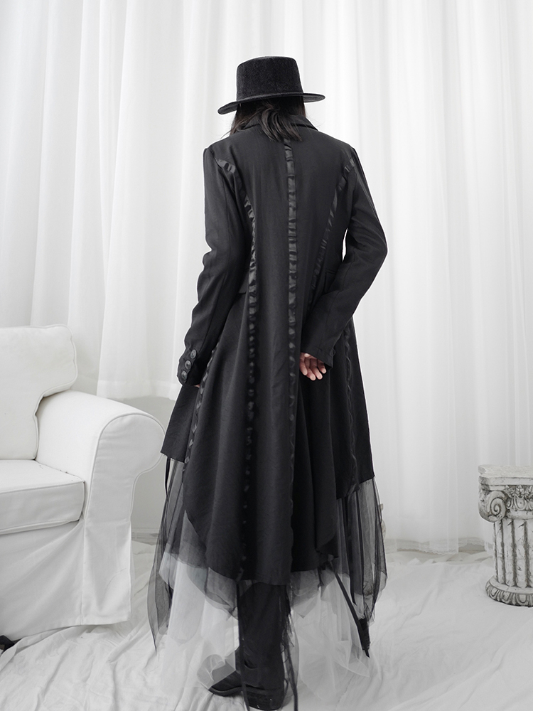 [EAM] Women Black Ribbon Asymmetrical Long Trench New Lapel Long Sleeve Loose Fit Windbreaker Fashion Tide Spring 1T698 201102
