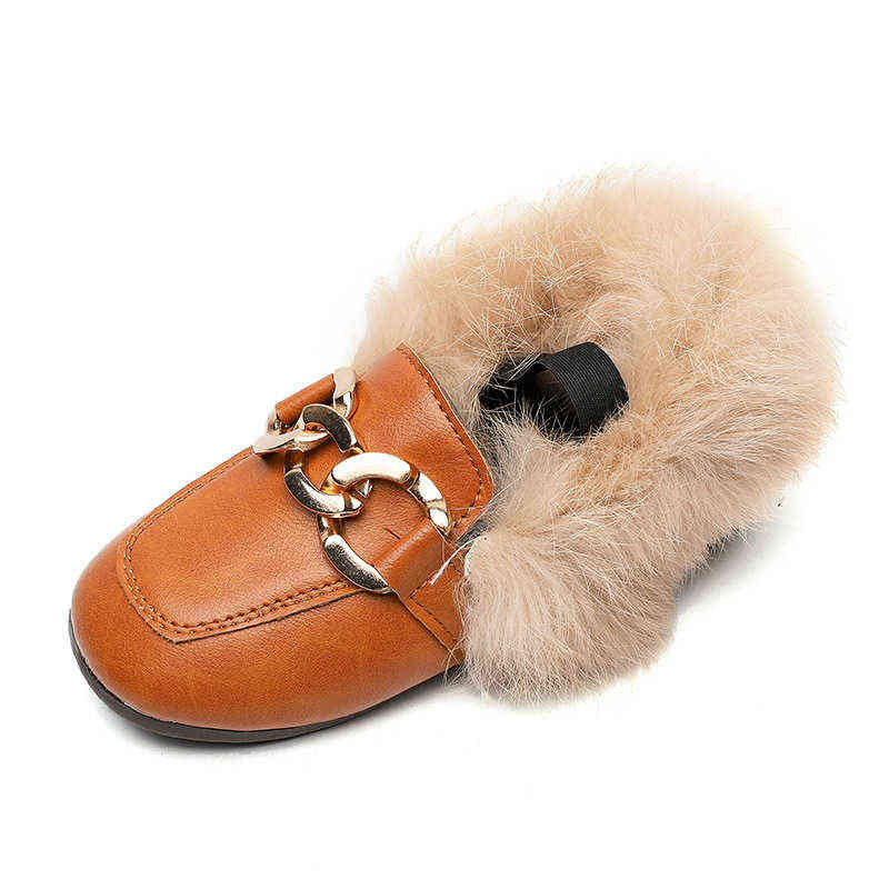JGVIKOTO Autumn Winter Girls Shoes Warm Cotton Plush Fluffy Fur Kids Loafers With Metal Chain Boys Flats Children 220121