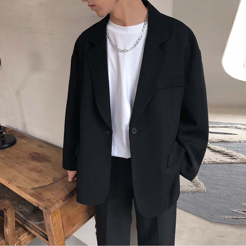 new fashion wild loose solid color men's jacket gray black/size M-XL khaki England Style Turn-down Collar Single Breasted 201127
