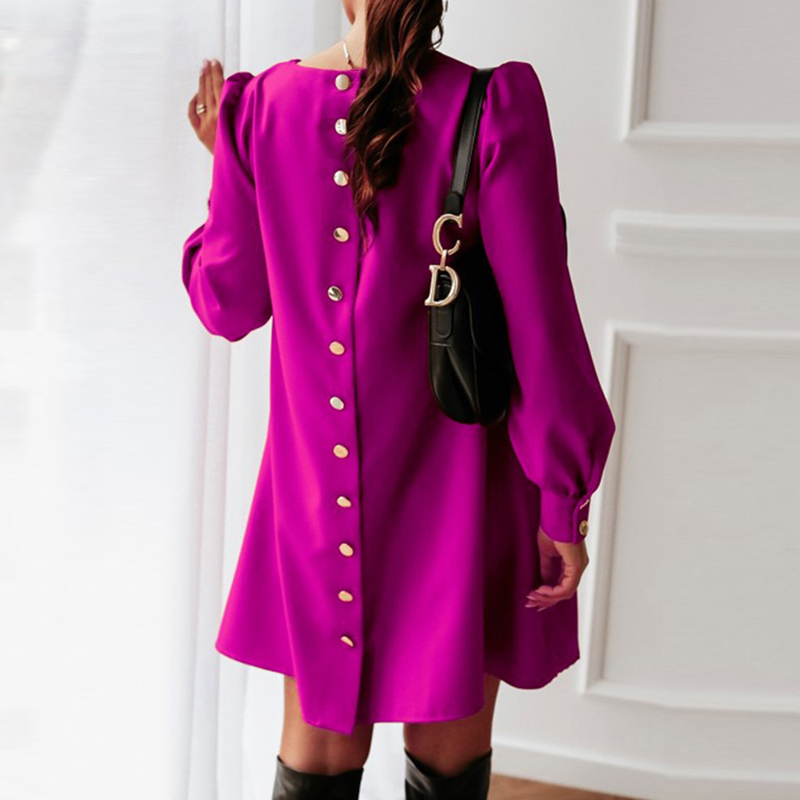 Elegant Women Metal Buttoned Mini Dress Casual Spring O Neck Party Dress Solid Autumn Female Long Sleeve A-Line Dresses Vestidos T200320
