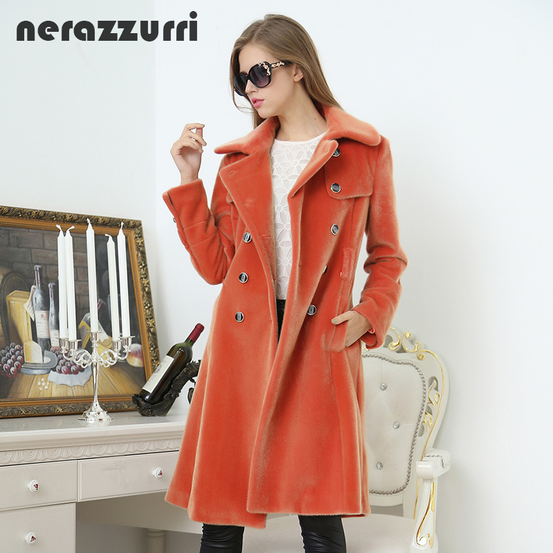 Nerazzurri Long trench coat for women fashion autumn double breasted casual slim british style orange faux fur overcoat 201110