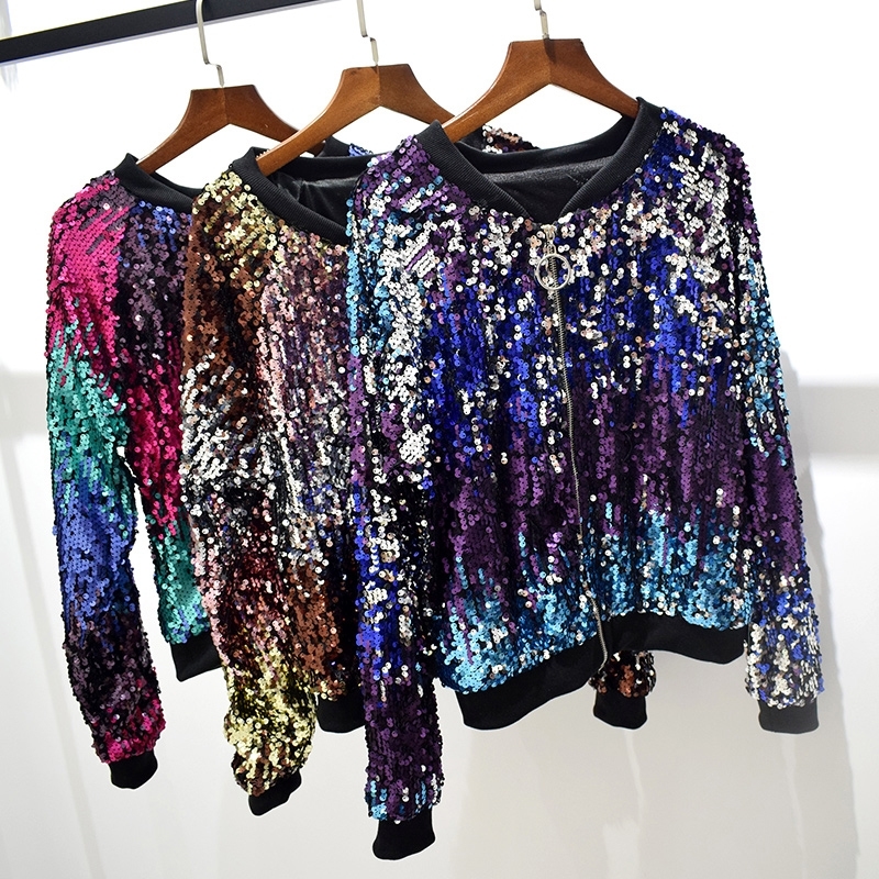 Ladies Autumn Sequin Bomber Jacket Casual Long Sleeve Front Zip Up Casual Coat with Ribbed Cuffs Party Festival Costumes 201017