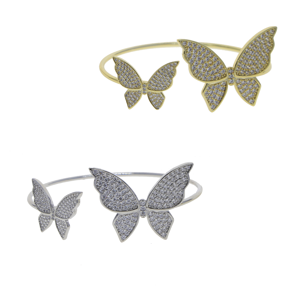 Fashion Open Adjusted Bangle for Women Micro Pave Iced Out Bling 5A Clear Cubic Zirconia CZ Double Big Butterfly Charm Fashion Bracelets