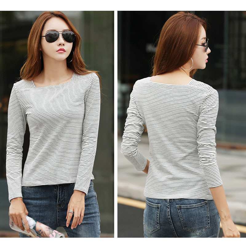 Long Sleeve T Shirt Ladies Women's Tshirt Striped Cotton Fashion Autumn Square Collar Casual Tops Female Yellow Black G50 201028