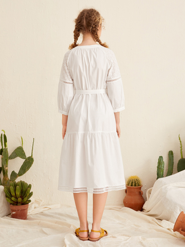 Teen Girls Guipure Lace Insert Self Belted Schiffy Dress SHE