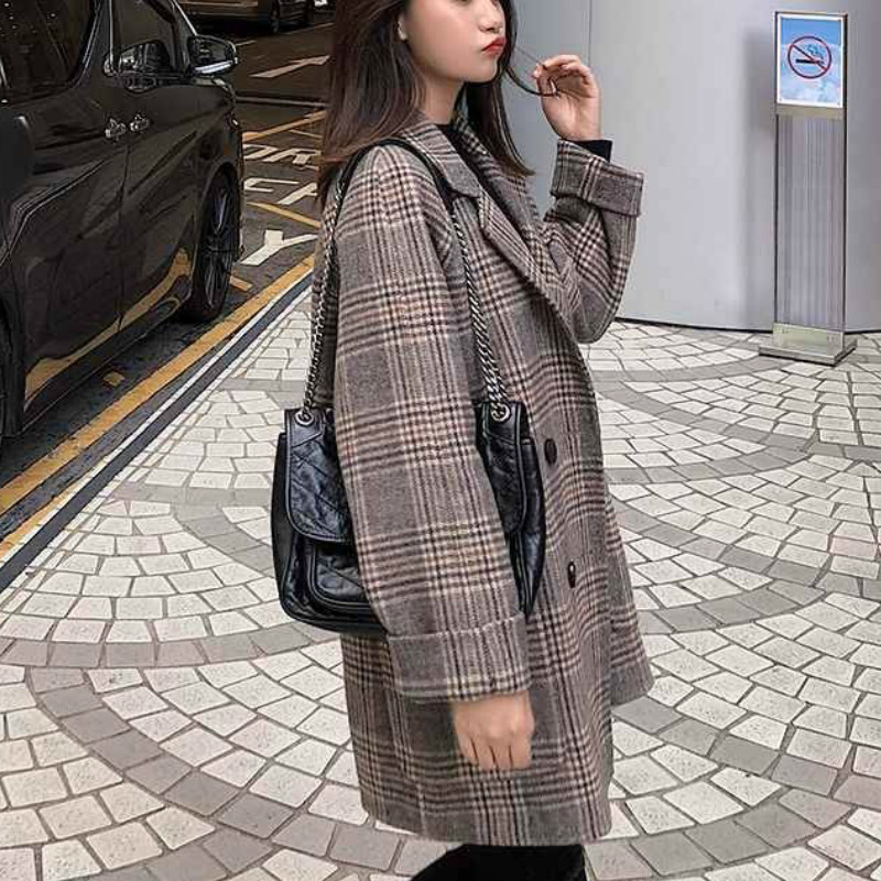 Wool Blends Women Classic Medium-long Style Womens Plaid Students Korean Outwear Elegant Vintage Double Breasted Oversize Modern 201222