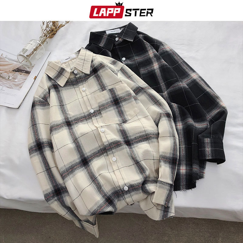 LAPPSTER Men Hip Hop Plaid Shirts Male Korean Fashion Streetwear White Loose Vintage Oversized Clothing 220322