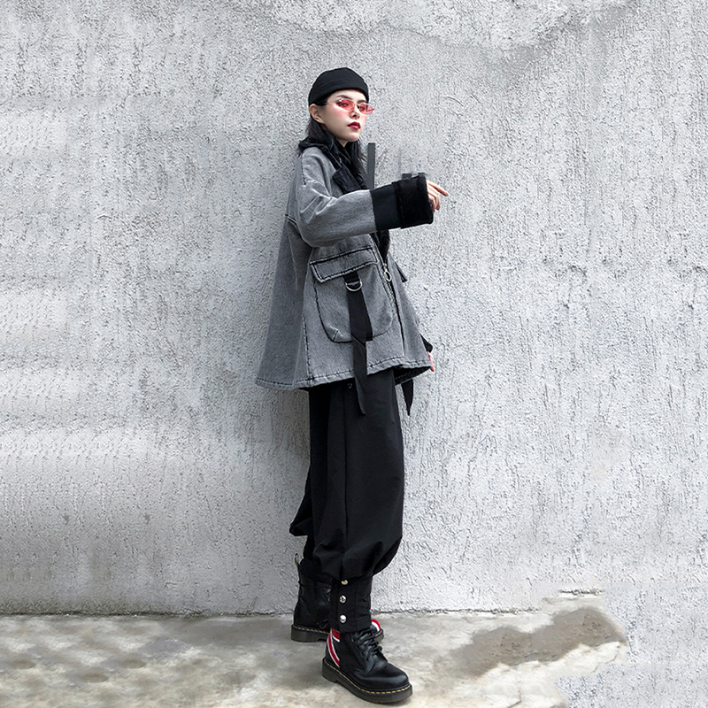 EAM Loose Fit Gray Denim With Velet Big Size Jacket Lapel Long Sleeve Women Coat Fashion Autumn Winter 1DC386 201029